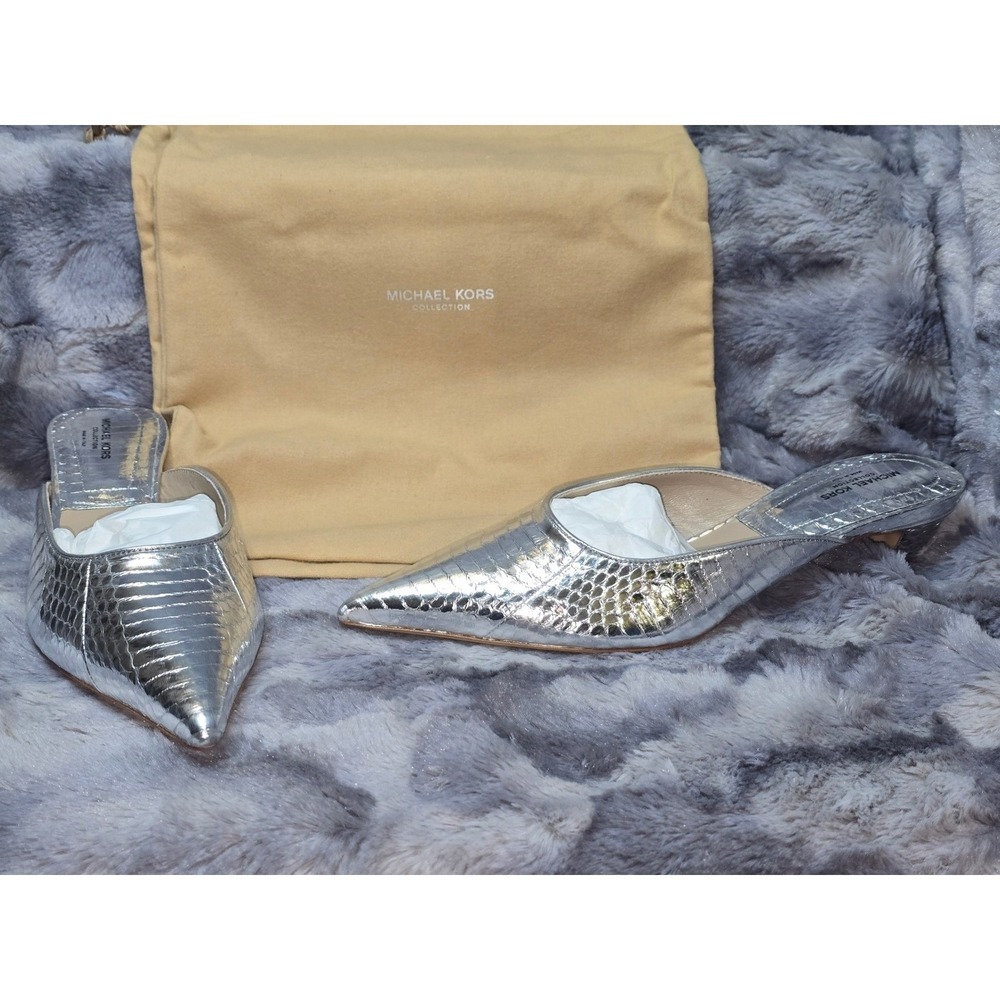NWB Michael Kors Collection Calista Silver‎ Metallic Snake Print Mule SZ 6.5